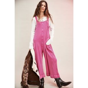 Free People Callie One-Piece Jumpsuit Wide-Leg Waffle Pink Phenom FP ONE L NEW